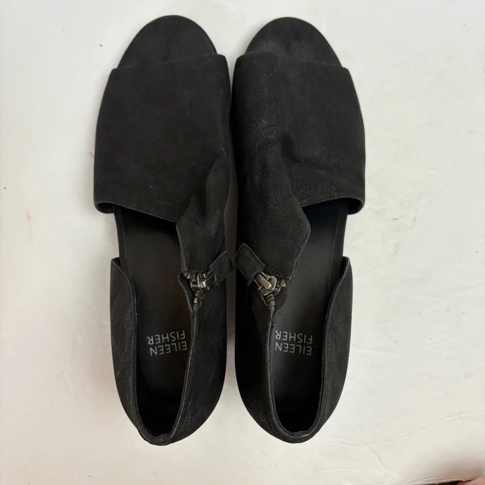 Eileen Fisher Black Nubuck Fig Open Toe Booties Wedge Women’s size 11
